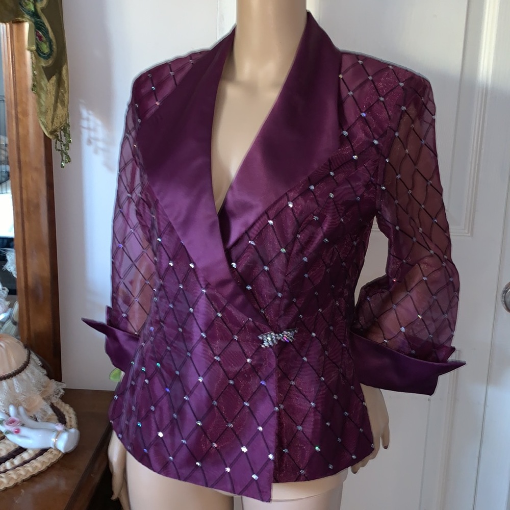 Vintage 80s sparkling sheer organza purple satin wrap blazer jacket M L